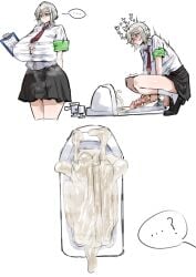 1futa black_skirt breasts cat_nip cum cum_in_toilet ejaculation excessive_cum faust_(limbus_company) futanari futanari_masturbation grey_hair horny horny_futa huge_breasts huge_cock huge_penis limbus_company masturbation multiple_views necktie orgasm pleated_skirt project_moon public_restroom red_necktie shirt simple_background skirt speech_bubble squatting thick_cum toilet twitter_link two-handed_masturbation white_background white_shirt
