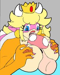 1girls alternate_species between_breasts blonde_hair blue_eyes blue_pupils breasts female female_only grey_background hair koopa lipstick long_hair makeup mario_(series) mushroom nintendo nipples open_mouth orange_skin pink_areola pink_nipples pink_skin princess_koopa princess_peach scalie sex_toy simple_background solo super_mario_bros. tryfag video_games white_skin