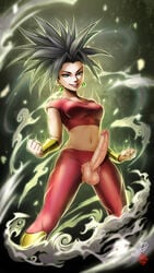 1futa aura balls big_penis black_eyes black_hair breasts covered_breasts dragon_ball dragon_ball_super earrings edit erection fusion futa_only futanari hourglass_figure huge_penis intersex kefla light-skinned_futanari light_skin long_hair looking_at_viewer medium_breasts no_panties pants penis phoenixeugene ponytail posing potara_earrings saiyan short_hair simple_background smile solo spiky_hair standing tank_top testicles torn_clothes veiny_penis watermark