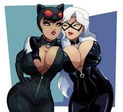 2018 2018s 2girls 5_fingers batman_(series) big_breasts black_cat_(marvel) black_hair bodysuit breast_grab breasts bursting_breasts bust busty catwoman cleavage crossover curvy dc dc_comics duo felicia_hardy female female_focus female_only goggles goggles_on_head hair huge_breasts human human_female human_only large_breasts lipstick marvel mask multiple_girls ravenravenraven red_lipstick selina_kyle shiny_suit smile spider-man_(series) straight_hair thick_thighs thighs tight_clothing white_hair wide_hips yuri zipper_pull_tab