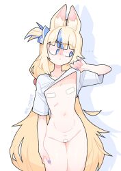 ... 2d 2d_(artwork) animal_ear_fluff animal_ears areola_slip armpit_peek bandaid bandaid_on_pussy bandaids_on_nipples blonde_hair blue_eyes blue_streaks blush blush_lines cat_ears clothes_lift commentary covered_nipples cypher_05 embarrassed english_commentary female female_torso flat_chest highres indie_virtual_youtuber lifting_own_clothes long_hair looking_down low_twintails multicolored_hair navel pasties sameko_saba shirt_lift solo streaked_hair tail twintails very_long_hair virtual_youtuber
