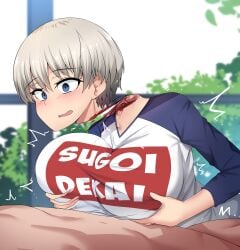 1boy 1girls big_breasts blood blue_eyes blush breasts clothed_paizuri corpse death decapitation empty_eyes female_death gore guro hands_on_breasts huge_breasts kurohime_(artist) large_breasts murder necrophilia open_mouth paizuri penis sex shirt short_hair silver_hair snuff straight sugoi_dekai uncensored uzaki-chan_wa_asobitai! uzaki_hana