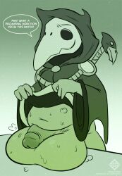 2018 4_fingers animal_mask anthro arfventurer avian balls beak_mask big_balls big_penis bodily_fluids clothed clothing clothing_lift digital_drawing_(artwork) digital_media_(artwork) fingers genitals green_body huge_balls huge_cock humanoid humanoid_genitalia humanoid_penis hyper hyper_balls hyper_genitalia male mask organs penis plague_doctor plague_knight robe robe_lift shovel_knight simple_background solo speech_bubble staff stomach sweat text topwear yacht_club_games