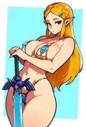 1girls ai_generated bikini blonde_hair choker elf elf_ears elf_female elf_girl female female_only green_eyes long_hair looking_at_viewer master_sword planted_sword princess_zelda royalty solo solo_female tagme the_legend_of_zelda
