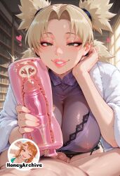 1boy ai_generated artificial_vagina blonde_hair boruto:_naruto_next_generations breasts cleavage clothed_female_nude_male coat cross_section cum ejaculation erection female green_eyes grin handjob heart honeyarchive indoors internal_cumshot large_breasts lips looking_at_viewer male_pubic_hair mature_female medium_breasts medium_hair milf naruto naruto:_the_last naruto_(series) naruto_shippuden nipples nude patreon_username penis pov pov_crotch pubic_hair quad_tails see-through sex_toy smile straight sweat temari testicles twintails uncensored veins
