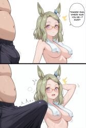 2koma ai_generated air_messiah_(umamusume) breasts english_text erection erection_under_skirt fat_man framed_eyewear green_hair hairclip heart-shaped_pupils horse_ears horse_tail orange_glasses purple_eyes single_ear_cover speech_bubble surprised surprised_expression towel towel_around_neck umamusume umamusume_pretty_derby