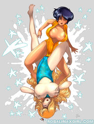 2girls alex_(totally_spies) arm_support barefoot blonde_hair blue_swimsuit breast_grab breast_squeeze breasts breasts_out casual_one-piece_swimsuit center_opening cleavage crossover crown dark_blue_hair female front_zipper_swimsuit full-length_zipper full_body hair_over_one_eye highleg_swimsuit large_breasts looking_at_viewer mario_(series) multiple_girls nintendo nipples one-piece_swimsuit open_clothes open_mouth princess_rosalina pussy self_fondle shiny_clothes short_hair skin_tight smile spread_legs super_mario_galaxy swimsuit totally_spies tribadism tribadism_through_clothing yellow_eyes yellow_swimsuit yuri zipper