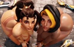 2girls 3d absurd_res angry ass big_ass big_breasts breasts dark-skinned_female domina female female_only fit fit_female hi_res high_angle highres nemesis_3d on_all_fours overwatch red_eyes vendetta