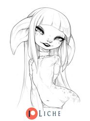 arm_warmers armwear asura clothing collar female flat_chested guild_wars hair humanoid legwear licheart long_hair looking_at_viewer monochrome mostly_nude simple_background smile solo spotte stockings video_games