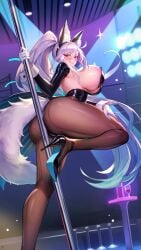 1girls amina_(project_qt) animal_ears animated ass bangs blair_(project_qt) breasts bunny bunny_costume bunny_girl bunny_suit bunnygirl bunnysuit fox_ears fox_girl fox_humanoid fox_tail gloves hair_between_eyes high_heels holding holding_object huge_breasts legwear long_hair pantyhose pole pole_dancing project_qt silver_hair solo sparkle sparkles stage stage_lights stripper_pole tagme tail thighs video white_gloves
