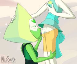 2girls alien_girl blonde_hair blush female futanari gem_(species) green_skin holding_breast holding_head intersex licking licking_penis mildsauce on_knees pearl_(steven_universe) penis penis_in_pants peridot_(steven_universe) short_hair standing steven_universe tongue tongue_out