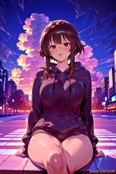 ai_generated alternate_breast_size bangs blush breasts brown_hair building city closed_mouth cloud cloudy_sky collarbone crossed_legs feet_out_of_frame female hood hood_down hoodie konosuba large_breasts lips long_sleeves looking_at_viewer megumin night outdoors red_eyes short_hair short_hair_with_long_locks sidelocks sitting sky smile solo sort45 star_(sky) starry_sky sweat thighs