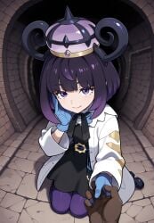 1boy 1girls ai-generated ai_generated bangs black_dress black_hair blue_gloves brokewyt closed_mouth crown dark-skinned_male dress female gloves gradient_hair gwynn_(pokemon) holding_hands kneeling long_sleeves looking_at_viewer muku_(pokemon) pantyhose pokemon pokemon_legends:_z-a pov purple_eyes purple_hair short_hair smile solo_focus uncensored