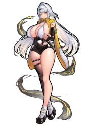absurdres adapted_costume ahoge black_gloves breasts cleavage commentary_request female fingerless_gloves gloves hair_ornament highres jacket large_breasts long_hair looking_at_viewer mole mole_on_breast nicchi single_hair_intake solo thick_thighs thighhighs thighs white_hair yellow_eyes yellow_jacket yixuan_(zenless_zone_zero) zenless_zone_zero