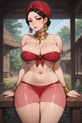 1girls ai_assisted ai_generated armlet bandeau bangle belly_button bindi black_hair blurry_background bursting_breasts cleavage earrings eyelashes female front-tie_top hands_on_surface hourglass_figure indian indian_female jewelry large_breasts light-skinned_female midriff neck_accessory neck_jewelry outdoor_background red_clothing red_eyes relaxed_pose rgomez007 rural seductive_look self_upload skimpy skimpy_clothes skindentation smiling_at_viewer solo_female stable_diffusion thick_eyelashes thick_lips thick_outline thick_thighs tied_clothing tied_hair transparent_clothing transparent_skirt turban underboob village warm_lighting wide_hips
