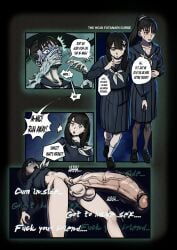 2girls balls clothing comic curse dialogue eyes_rolling_back female futanari futanari_transformation futanarization huge_cock marnic mio_kurosuzu open_mouth paranormasight ponytail possessed possession school_uniform serafuku short_hair skirt_removed speech_bubble text yakko_sakazaki