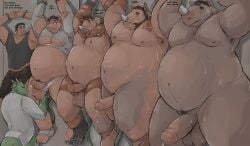 anal anthro arms_tied aroused balls beard belly big_balls big_belly big_penis bodily_fluids bottomwear bound bursting_out_of_clothing clothing dialogue english_text erection eyewear facial_hair genitals glans glasses group hair hayhorse hooves horn hose hose_in_butt human human_to_anthro humanoid_genitalia humanoid_penis male male/male mammal navel nipples nude object_in_ass overweight pants pecs penis raised_arms reptile rhinoceros scalie shirt slightly_chubby species_transformation sweat sweaty_body text thick_thighs topwear torn_clothing touching_balls transformation transformation_sequence weight_gain