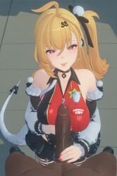 3d ai_generated big_breasts breasts cissia_(zenless_zone_zero) dark-skinned_male from_above grabbing hand_on_chest interracial looking_at_viewer muscular_male naughty_face nude_male pov smile touching zenless_zone_zero