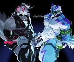 abs anthro balls blindfold blue_body blue_fur bodysuit bondage bound chained_together chaps chastity_cage chastity_cage_grinding chastity_device clothing collar dragon duo european_mythology flaccid footwear fur furred_dragon furred_scalie gay gay_male genitals grey_body grey_scales hair hi_res horn kneeling latex latex_bodysuit latex_clothing latex_skinsuit maiyabuhantang male male/male mythological_creature mythological_scalie mythology nude nude_male paws penis purple_body purple_fur purple_paws purple_scales scales scalie shoes skinsuit spread_legs spreading tight_clothing western_dragon white_body white_fur white_hair white_scales yaoi