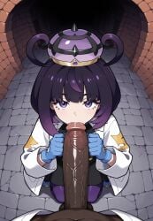 1boy 1girls ahoge ai-generated ai_generated bangs brokewyt dark-skinned_male dark_skin fellatio female gloves gwynn_(pokemon) halo kneeling labcoat long_sleeves looking_at_viewer muku_(pokemon) oral penis pokemon pokemon_legends:_z-a pov purple_eyes purple_hair short_hair solo_focus straight uncensored veins veiny_penis