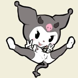 2018 anthro blush devil_tail double_v female fur gesture hi_res horn itsunknownanon kuromi lagomorph looking_at_viewer mammal nude onegai_my_melody open_mouth please_my_melody pose presenting presenting_pussy pussy rabbit sanrio solo spread_legs spreading v white_fur