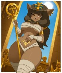 ai_generated border cat_girl curvy dofus ecaflip egiptian furry hieroglyphics miranda_(wakfu) mummy pubic_tattoo sun tattoo wakfu white_border wide_hips