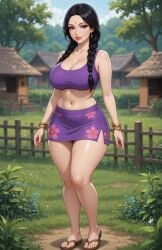 1girls aged_up ai_assisted ai_generated bangle belly_button bindi black_hair busty cartoon_character cleavage earrings female floral_print greenery grok indian indian_female light-skinned_female midriff miniskirt outdoor_background purple_clothing purple_eyes rgomez007 rural seductive_look self_upload slippers smiling_at_viewer solo_female stable_diffusion standing thick_lips thick_thighs twin_braids village wide_hips
