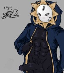 attendant attendant_(regretevator) attendant_regretevator black_fur blue_robe dick dick_out male masked nonbinary open_robe purple_cum purple_dick regretevator robe shiny_body sun