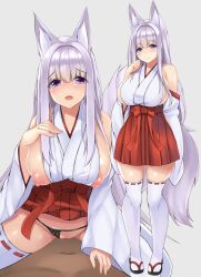 1boy animal_ears blush breasts clothing_aside cowgirl_position dark-skinned_male dark_skin detached_sleeves female fox_ears fox_tail hakama hakama_skirt highres japanese_clothes large_breasts long_hair looking_at_viewer miko multiple_views nipples open_mouth original panties panties_aside purple_eyes red_hakama ribbon-trimmed_legwear ribbon-trimmed_thighhighs ribbon_trim sideboob silver_hair skirt smile sogaya solo_focus straddling straight tail thighhighs underwear white_background white_thighhighs