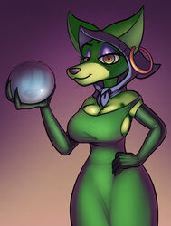 anthro breasts canine cartoon_network claws cleavage courage_the_cowardly_dog crystal_ball curvy dress earrings eyelashes eyeshadow female female_only furry gradient_background green_dress green_eyes green_fur hand_on_hip highres holding_object hood hoop_earrings large_breasts looking_at_viewer mammal red_eyes shirley_the_medium smile solo standing thingshappen