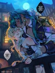 armor armored_male bend bending_over blonde-haired_female blonde_female blonde_hair blonde_hair_female blue_eyes blue_eyes_male blue_hair blue_hair_male blush blushing_female blushing_male daoine_sith ear_piercing ear_ring earrings from_behind from_behind_position genshin_impact gloves kaeya_(genshin_impact) lumine_(genshin_impact) stuttering touching_breast touching_breasts touching_thigh touching_thighs yellow_eyes yellow_eyes_female