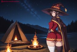 ai_generated ass bandaged_leg bandages belt black_legwear blush breasts brown_hair cape dress explosion female female_only fingerless_gloves fire from_behind gloves hat hi_res high_quality high_resolution kiraamane kono_subarashii_sekai_ni_shukufuku_wo! looking_at_viewer looking_back megumin night patreon red_eyes seductive sexy short_hair single_thighhigh sky smile solo star_(sky) starry_sky thighhighs uncensored watermark witch_hat