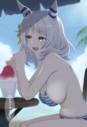 1girl armpits blue_bikini blue_sky blush brown_eyes day from_side grey_hair hishi_miracle_(umamusume) horse_ears horse_girl looking_to_the_side midocchi open_mouth shaved_ice short_hair sideboob sitting smile solo speech_bubble striped_bikini translation_request umamusume umamusume_pretty_derby