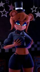 3d ass blue_eyes bowtie breasts five_nights_at_freddy's freddy_(fnaf) fredina's_nightclub fredina_(cally3d) grabbing_breasts hips hourglass_figure microphone panties pants solo string string_panties thick_ass thick_thighs thighs type_09