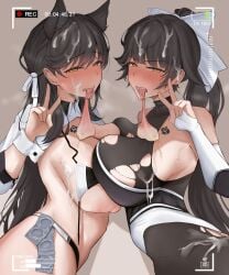2girls alternate_costume animal_ears areola atago_(azur_lane) atago_(stunning_speedster)_(azur_lane) azur_lane black_hair blush breasts clenched_teeth condom_in_mouth condom_packet_strip condom_wrapper condoms cum cum_in_condom cum_on_hair duo eyebrows_visible_through_hair female female_only huge_breasts light-skinned_female light_skin nipple official_alternate_costume pink_condoms queen_of_spades recording ripped_clothing sakura_empire_(azur_lane) sikosapi spade_tattoo takao_(azur_lane) takao_(full_throttle_charmer)_(azur_lane) tattoo torn_clothes unopened_condom_wrapper used_condom_in_mouth used_condoms yellow_eyes