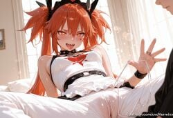 1boy ai_generated bangs bare_shoulders belt blush breasts cameltoe choker dark_skin female hair_between_eyes hair_ribbon heart heart-shaped_pupils indoors jewelry kermixx koleda_belobog long_hair looking_at_viewer naughty_face open_mouth orange_eyes orange_hair panties pants ribbon ring sharp_teeth side-tie_panties sitting sleeveless small_breasts smile solo_focus spread_legs sweat symbol-shaped_pupils tattoo teeth tongue tongue_out twintails underwear untied_panties white_panties window zenless_zone_zero