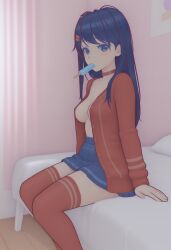 1girls ai_generated bedroom blue_eyes blue_hair blush breasts cardigan choker cleavage cute female hair_ornament ice_cream kind_mita licking_ice_cream long_hair looking_at_viewer medium_breasts miside mita_(miside) open_cardigan open_mouth open_shirt pinup popsicle popsicle_in_mouth popsicle_melting seductive sitting sitting_on_bed skirt solo solo_focus suggestive suggestive_gesture suggestive_look thighhighs thighs username37372