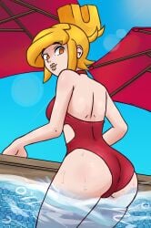bikini bikini_pull blonde_hair bogar cute day iconoclasts looking_at_viewer perfect_body pool robin_(iconoclasts) sfw sunny swimsuit water