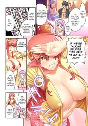 breasts comic covered_nipples dialogue female hair_ornament kimihito_kurusu lamia manga mermaid meroune_lorelei miia_(monster_musume) monster_girl monster_musume_no_iru_nichijou nipple_bulge nipples okayado pink_hair pink_scales red_hair red_scales selfie snake text translated yellow_eyes