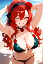 1girls ai_generated beach bikini black_choker black_headband black_ribbon blush breasts choker cleavage ember_paradox female_only green_bikini green_eyes hands_behind_head headband indie_virtual_youtuber indie_vtuber large_breasts long_hair outside red_hair red_rose ribbon rose smile solo_female virtual_youtuber vtuber