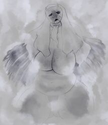 ass_visible_through_thighs bbw belly big_breasts chubby_female corrupted_monk kalmlyhere long_tongue mask monochrome mostly_nude pubic_hair sekiro:_shadows_die_twice steam thick_thighs youkai