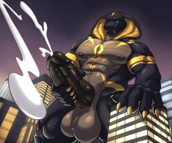 2024 5_fingers abs ankh_marking anthro areola artist_name balls biped black_body black_glans black_penis blazekemono blue_eyes bodily_fluids brown_areola brown_balls brown_body brown_countershading brown_nipples brown_scales building city claws cobra countershading cum cumshot ejaculation elapid_(snake) erection fingers front_view genital_fluids genitals glans glistening glistening_balls glistening_genitalia glistening_glans glistening_penis gradient_background half-closed_eyes hand_on_building hand_on_own_penis hand_on_penis hi_res humanoid_genitalia humanoid_penis king_cobra looking_pleasured low-angle_view macro macro_anthro macro_male male markings masturbation muscular muscular_anthro muscular_male narrowed_eyes navel night nipples no_sclera one_eye_closed outside pecs penile penile_masturbation penis pupils reptile scales scalie simple_background sky skyscraper slit_pupils snake solo teeth text three-quarter_view uneven_balls vein veiny_penis ventral_scales yellow_claws yellow_fangs yellow_markings yellow_teeth zel_(sibunakebos)