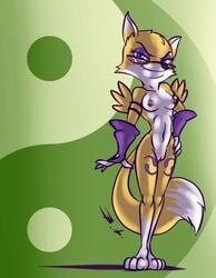 2018 alternate_color anthro armwear bassywolfeh blue_eyes breasts canine clothing cosplay crossover digimon digimon_(cosplay) eyelashes eyeshadow eyewear female fox glasses hands_on_hips looking_at_viewer lt._fox_vixen makeup mammal mostly_nude nipples pussy renamon renamon_(cosplay) simple_background smile solo squirrel_and_hedgehog standing