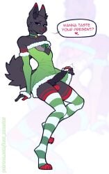animal_genitalia animal_penis anthro armwear balls bare_shoulders batya black_eyes black_penis blush blush_lines canid canine canine_genitalia canine_penis cheek_tuft choker christmas christmas_clothing clothed clothing colored crossdressing curled_tail digital_drawing_(artwork) digital_media_(artwork) dress english_text erection eyelashes facial_tuft femboy flat_colors genital_piercing genitals green_bow green_choker green_jewelry green_necklace heart_symbol holidays inner_ear_fluff jewelry knot knotted_penis legwear long_eyelashes looking_at_viewer male mammal necklace pattern_clothing pattern_legwear pattern_stockings penis penis_piercing piercing presenting presenting_penis question red_balls red_nose short_dress simple_background sitting slim small_waist smile solo speech_bubble stockings striped_clothing striped_legwear striped_stockings stripes tail talking_to_viewer text tuft