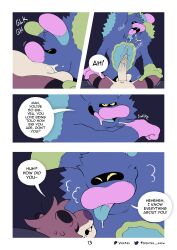 absurd_res animate_inanimate barry_(ventesthefloof) bodily_fluids clothing comic cum cum_string cumming_in_mouth dialogue duo ejaculation english_text felid fellatio footwear fur genital_fluids hi_res interrupted male male/male mammal moan monster multiple_scenes nude_anthro nude_male oral orange_body orange_fur orgasm pantherine penile purple_nose sex socks speech_bubble text tiger tongue ventesthefloof wiping_mouth yellow_sclera