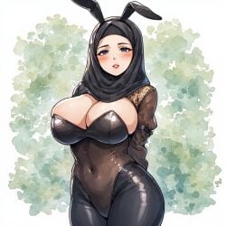 1girls ai ai_generated blue_eyes breasts_spilling_out cute_face female hands_behind_back hijab hijabi leotard leotard_spandex muslim muslim_female perfect_body