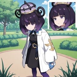 1girls ai-generated ai_generated bangs black_dress blue_gloves blue_pantyhose blunt_bangs brokewyt bush closed_mouth crown day dress female gloves gradient_hair gwynn_(pokemon) hair_rings long_sleeves muku_(pokemon) multicolored_hair open_clothes outdoors pantyhose pokemon pokemon_legends:_z-a purple_eyes purple_hair purple_pantyhose short_hair solo standing tree uncensored white_coat white_jacket