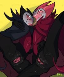 2026 2girls anthro black_body black_skin blush bug cloak female grimm_(hollow_knight) heavy_breathing hi_res hollow_knight horns laying_down nightmare_king_grimm pussy red_eyes rule_63 wet_pussy yzusaur