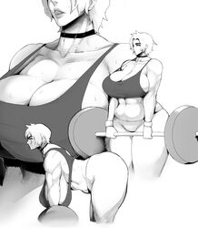 1girls abs barbell bent_over choker cleavage close-up donaught female hanging_breasts huge_breasts licking_lips lips mature_female miffu milf monochrome muscle muscular_female original short_hair solo strap_gap sweat thick_thighs thunderthighs tongue weightlifting weights