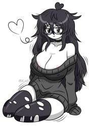 1girls artist big_breasts big_thighs black_hair blush choker cute depressed female female_only girlfriend glasses heart inviting katy_(katymoonart) katymoonart long_hair love messy_hair not_porn oc original original_character ripped_clothing sitting smile smiling smiling_at_viewer solo solo_female stockings sweater text thighhighs tired_eyes white_background white_body